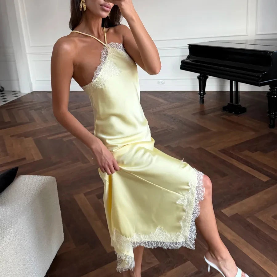 Vestido Céline — Satén y Encaje con Cuello Halter