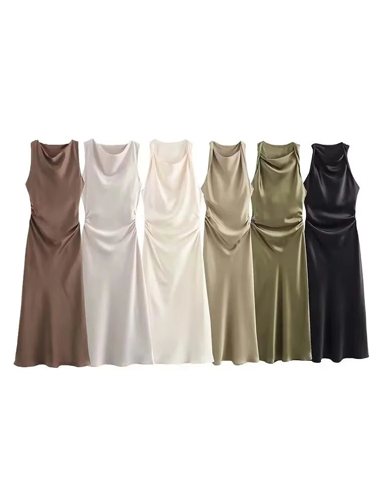 Vestido Selene de Hermosa: vestido midi de satén con tirantes regulables y escote recto