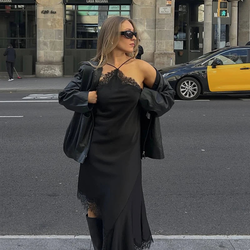 Vestido Céline — Satén y Encaje con Cuello Halter